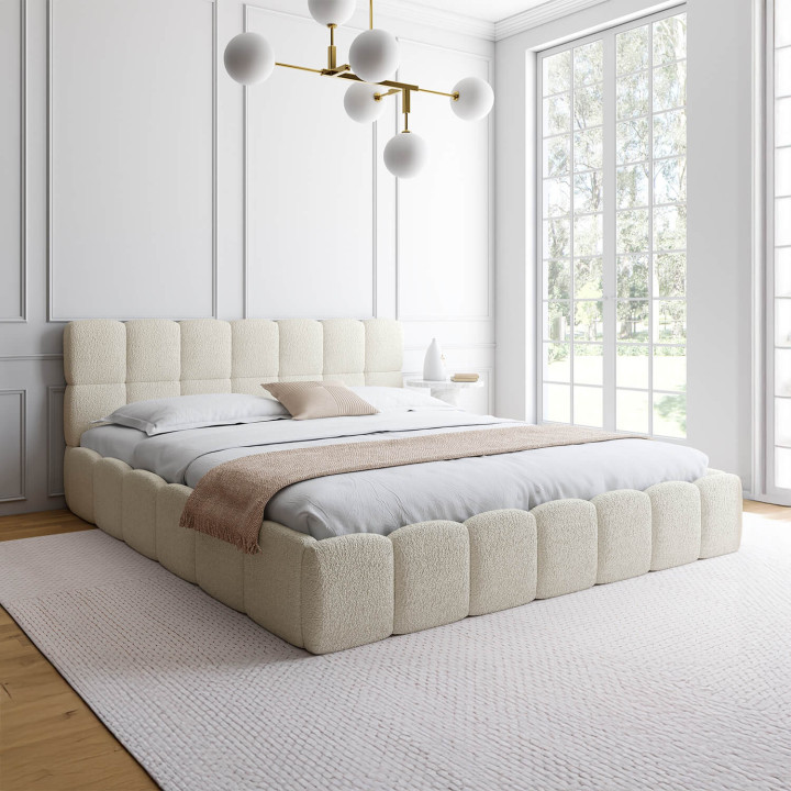 Letto matrimoniale a cassettone NUAGE con testata trapuntata e rete a ricciolo bianca da 180 x 200 cm