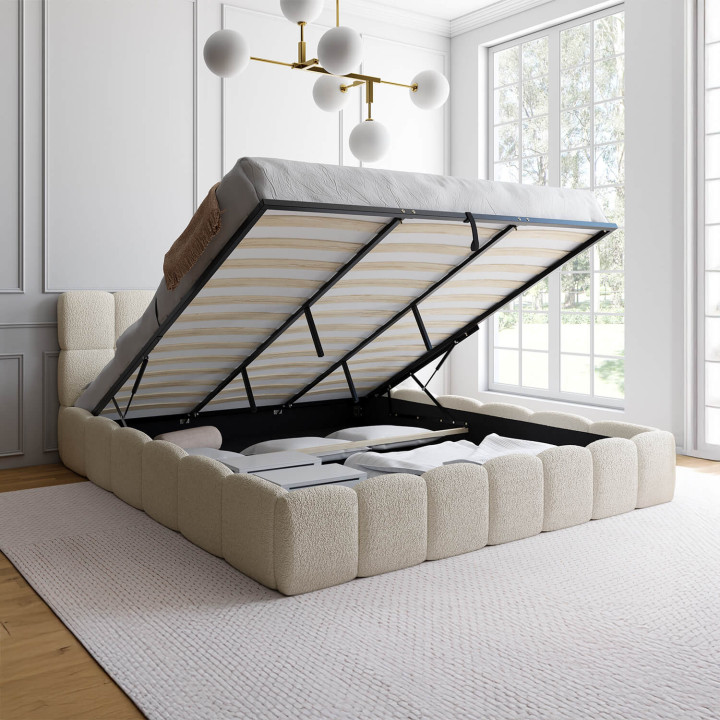 Letto matrimoniale a cassettone NUAGE con testata trapuntata e rete a ricciolo bianca da 180 x 200 cm