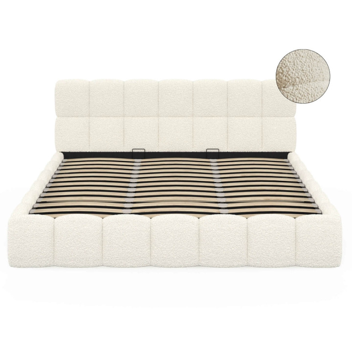 Letto matrimoniale a cassettone NUAGE con testata trapuntata e rete a ricciolo bianca da 180 x 200 cm