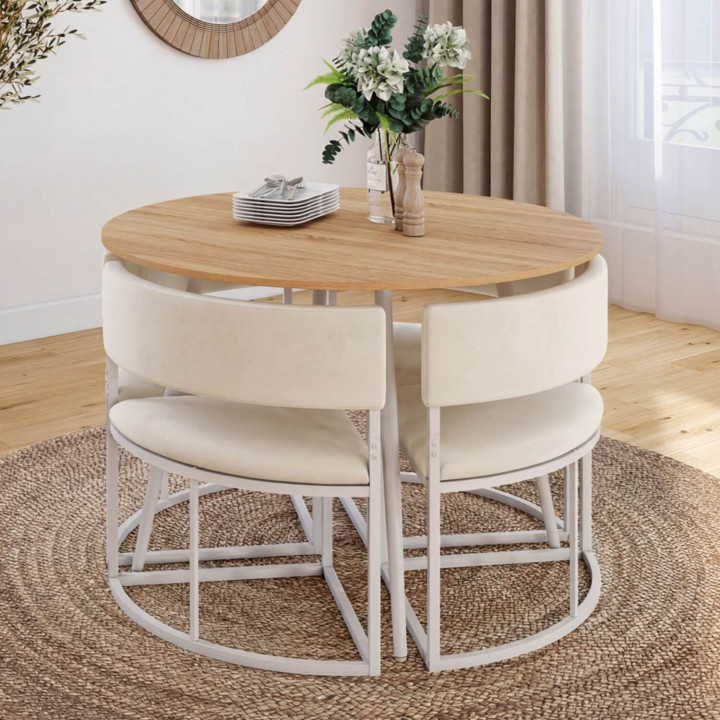 Conjunto de mesa y 4 sillas encajables MILENE de metal blanco, con tablero imitación de haya y tapizado de terciopelo beige