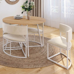 Conjunto de mesa y 4 sillas encajables MILENE de metal blanco, con tablero imitación de haya y tapizado de terciopelo beige