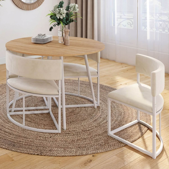 Ensemble table + 4 chaises encastrables MILENE métal blanc plateau façon hêtre et tissu velours beige