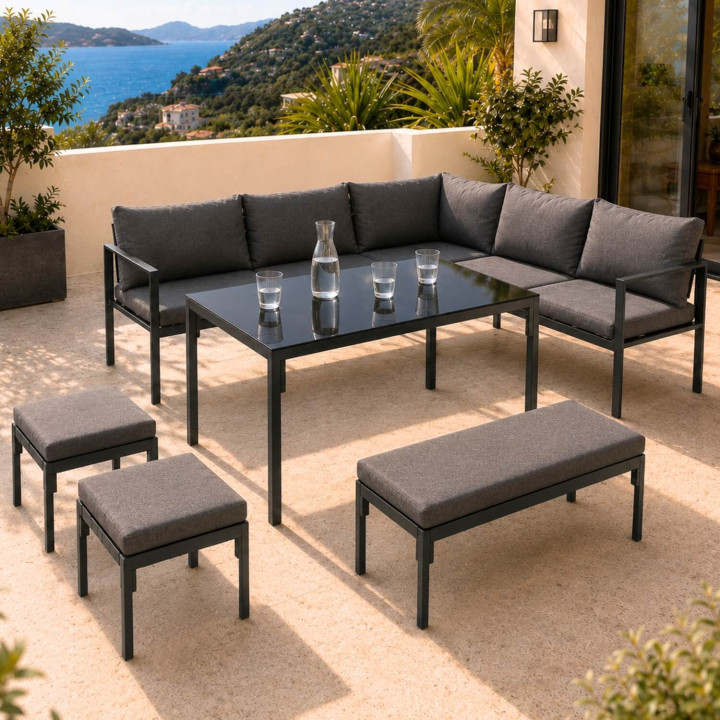 Set da giardino da pranzo angolare a 8 posti in metallo con cuscini grigi, composto da tavolo da pranzo, divano angolare, panca