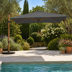 Sombrilla 360° inclinable efecto madera mate con tejido gris 3X4M y funda - CALVI