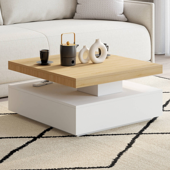 Tavolino quadrato girevole THEA 70 cm legno e bianco