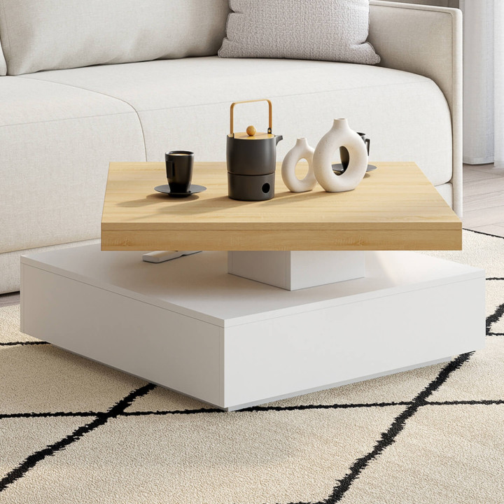 Tavolino quadrato girevole THEA 70 cm legno e bianco