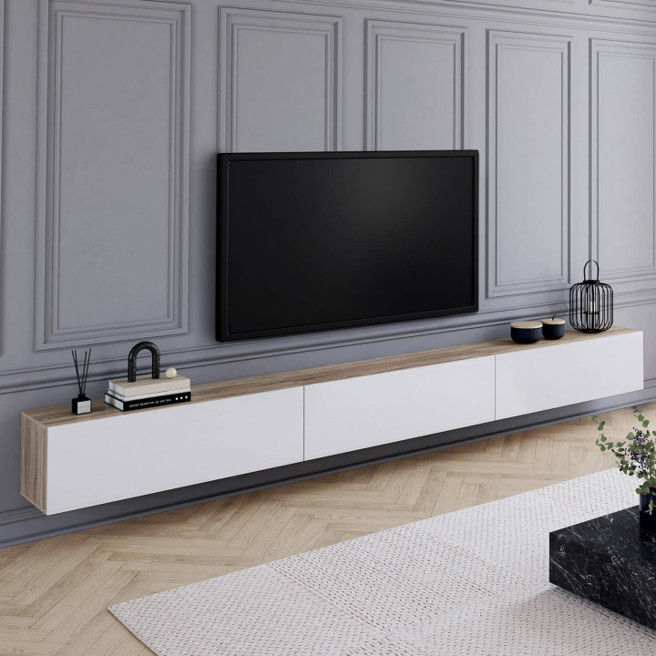 TV-Möbel 270 cm hängend 3 Türen Holz und Weiß - ELIO
