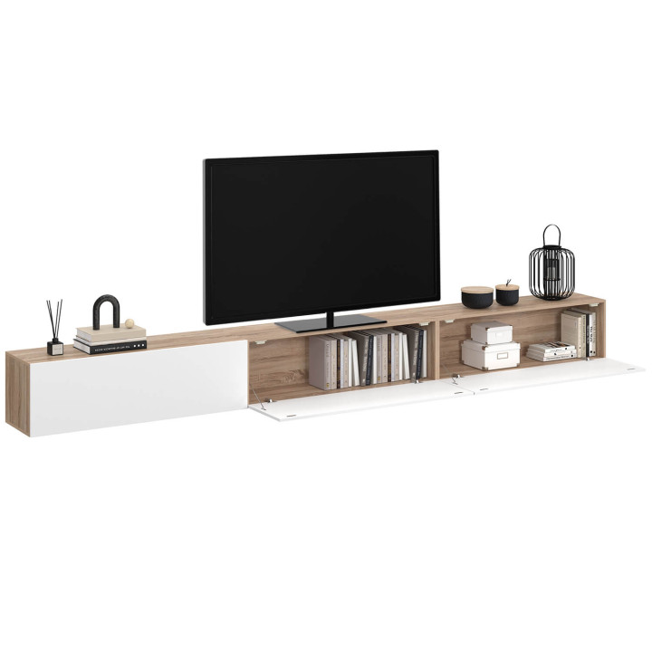 Mobile TV sospeso da 270 cm con 3 ante in legno e bianco - ELIO