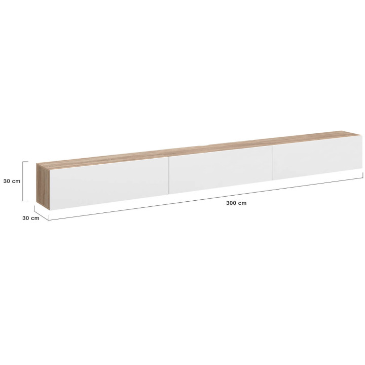 270 cm hangend TV-meubel met 3 houten en witte deuren - ELIO