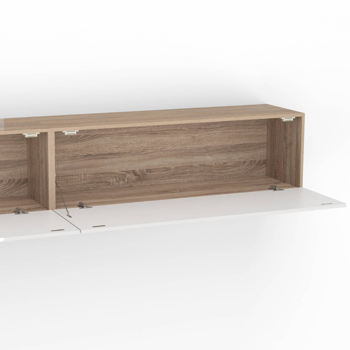 270 cm hangend TV-meubel met 3 houten en witte deuren - ELIO