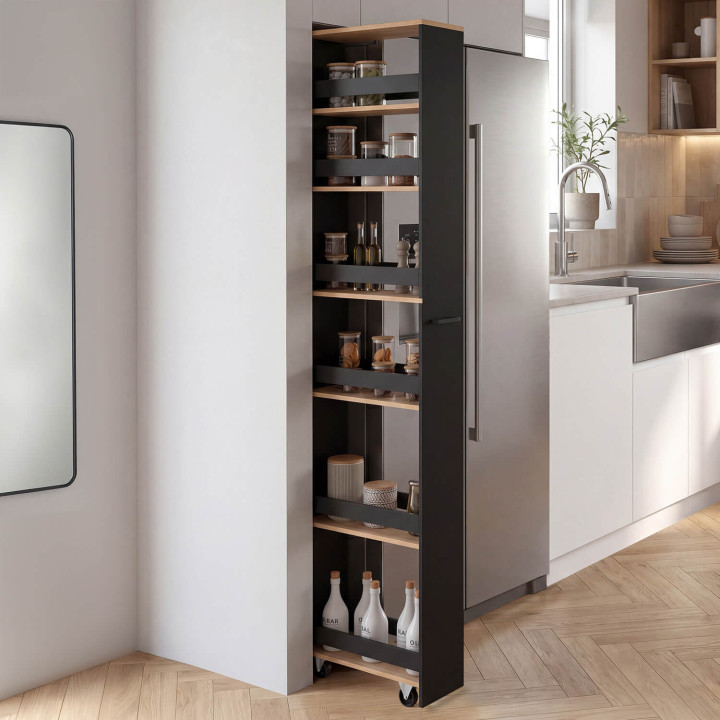 Desserte de cuisine gain de place HAGA chariot de rangement à étages noir et façon hêtre H. 180 cm