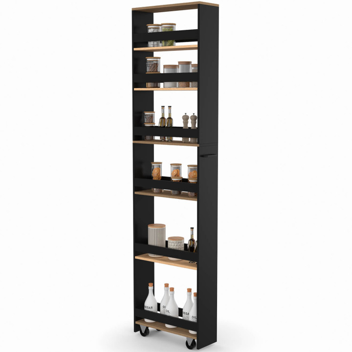 Ruimtebesparende keukentafel HAGA, opbergkar met 6 verdiepingen, zwart en beukenhoutlook, hoogte 177 cm