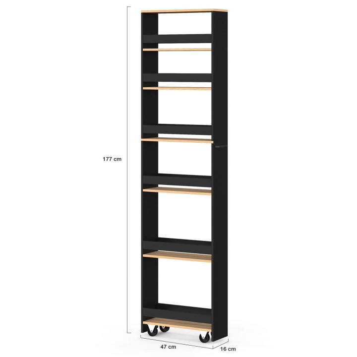 Desserte de cuisine gain de place HAGA chariot de rangement à étages noir et façon hêtre H. 180 cm