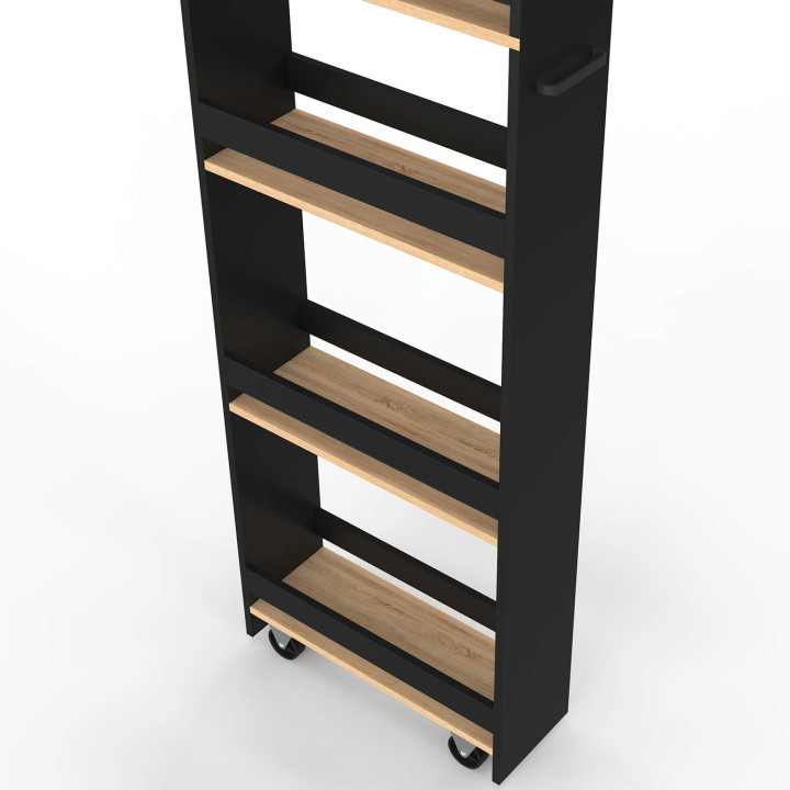 Carrello da cucina salvaspazio HAGA con 6 ripiani, nero e finitura faggio, altezza 177 cm