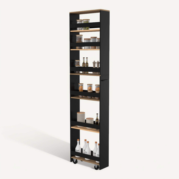 Desserte de cuisine gain de place HAGA chariot de rangement à étages noir et façon hêtre H. 180 cm