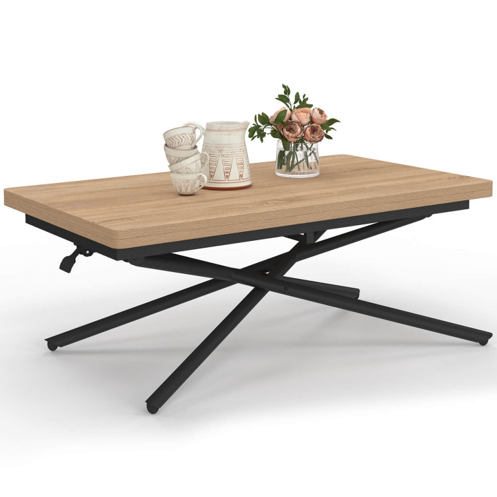 Table basse extensible relevable en table à manger rectangulaire ALIX pied araignée bois et noir