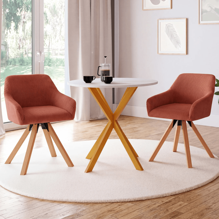 Set di 2 sedie girevoli a 360° da sala da pranzo, sedie da tavolo JANY in velluto a coste color terracotta