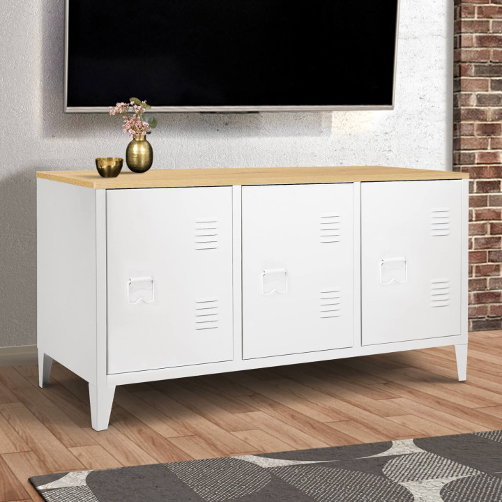 Niedriges Sideboard aus weißem Metall mit 3 Türen und Holzplatte 113cm - ESTER