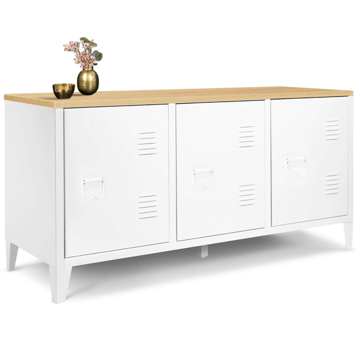 Laag wit metalen dressoir met 3 deuren en 113cm houten blad - ESTER