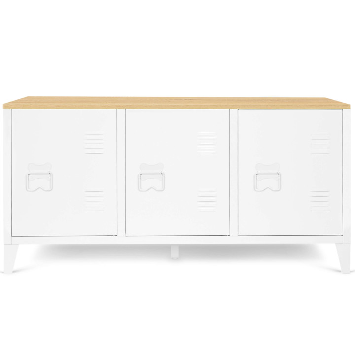 Laag wit metalen dressoir met 3 deuren en 113cm houten blad - ESTER