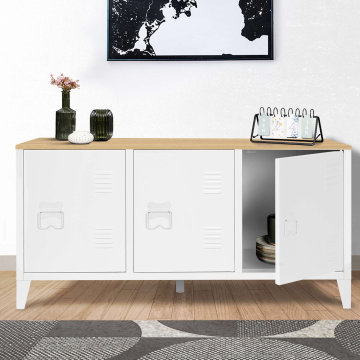 Laag wit metalen dressoir met 3 deuren en 113cm houten blad - ESTER