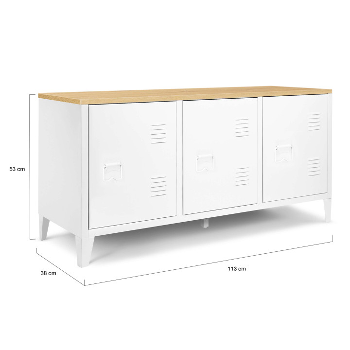 Laag wit metalen dressoir met 3 deuren en 113cm houten blad - ESTER