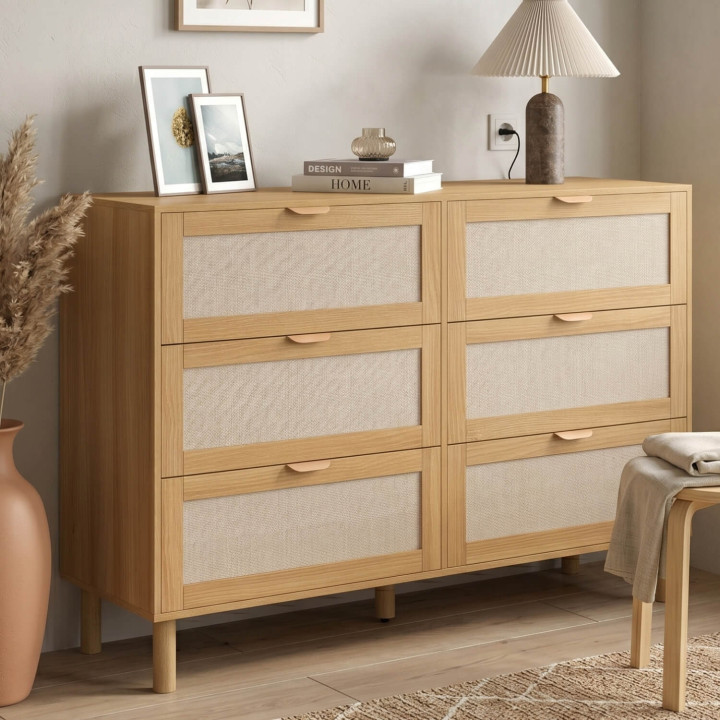 Cassettone a 6 cassetti da 115 cm effetto legno e lino