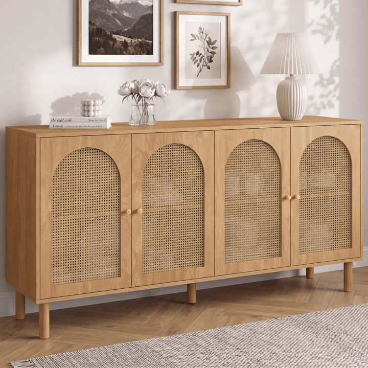 Sideboard 160 cm VLORA 4 Türen Bogenform Holz und Rohrgeflecht