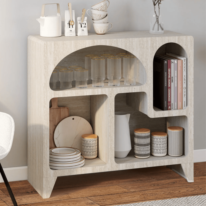 Bio-Sideboard 80 cm ALESIA mit 4 Fächern, Aufbewahrungsmöbel in Travertin-Optik
