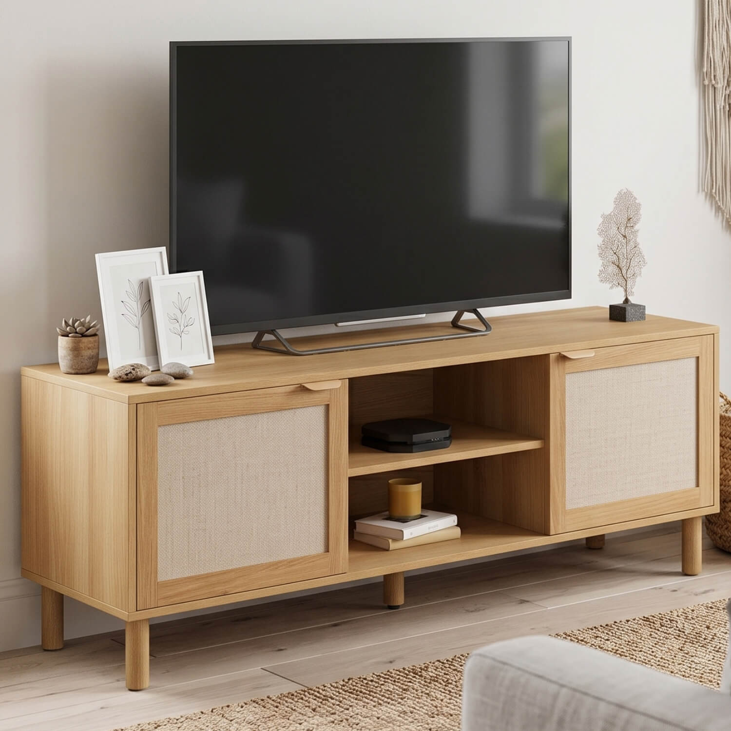 IDMARKET ID MARKET meuble tv ROBIN 2 portes 140 cm bois clair &agrave; poser