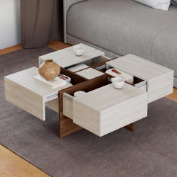 Mesa de centro cuadrada TALIA de 70 cm con cajones de madera con acabado de nogal y tablero de travertino