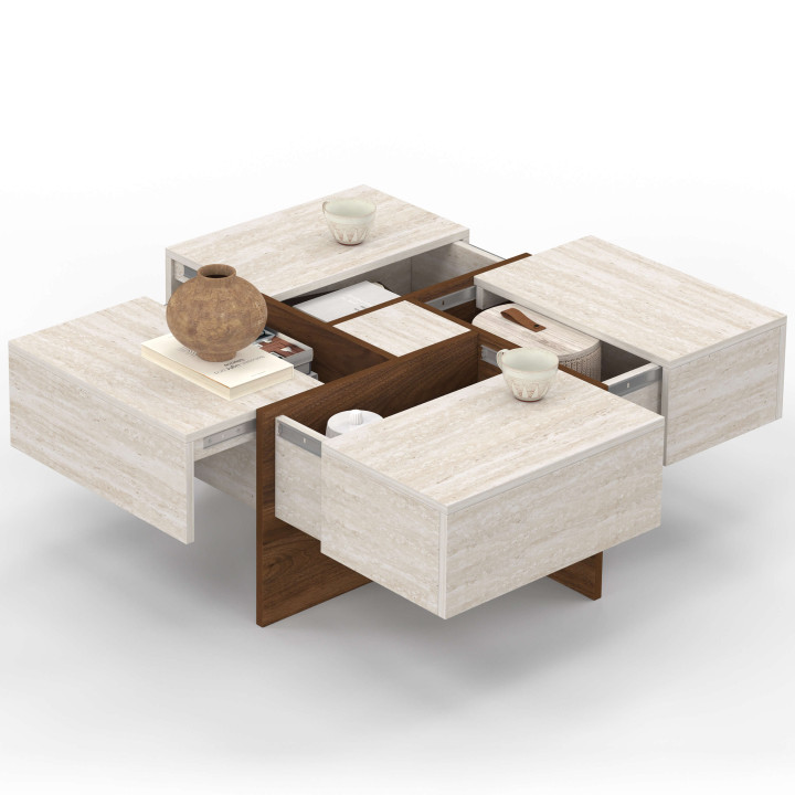 Table basse carrée TALIA 70 cm avec tiroirs bois et effet travertin
