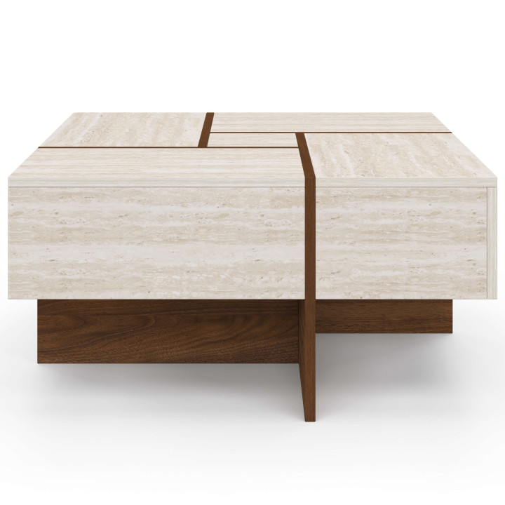 Vierkante salontafel TALIA 70 cm met lades in notenhoutlook en een blad van travertijn