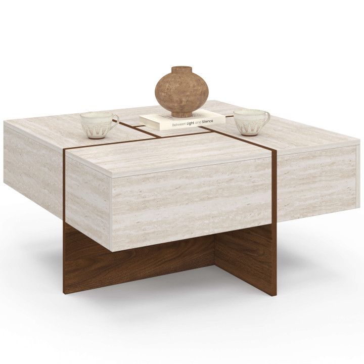Vierkante salontafel TALIA 70 cm met lades in notenhoutlook en een blad van travertijn