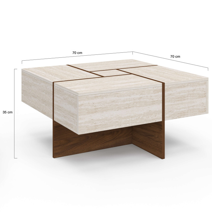 Quadratischer Couchtisch TALIA, 70 cm, mit Schubladen in Nussbaumoptik und Tischplatte aus Travertin