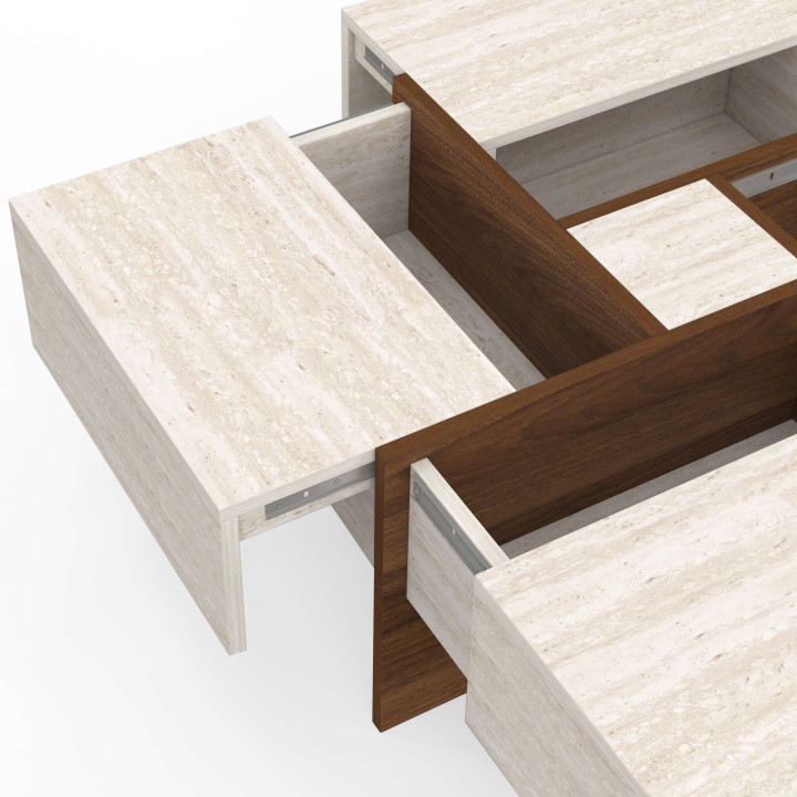 Mesa de centro cuadrada TALIA de 70 cm con cajones de madera con acabado de nogal y tablero de travertino