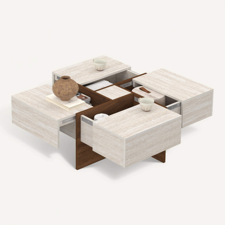 Vierkante salontafel TALIA 70 cm met lades in notenhoutlook en een blad van travertijn