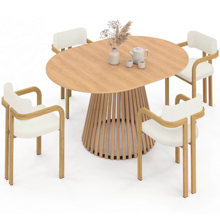 Set composto da tavolo da pranzo rotondo allungabile CARMEN da 4-8 persone con base a doghe da 110 - 150 cm e 4 sedie ESMA con e
