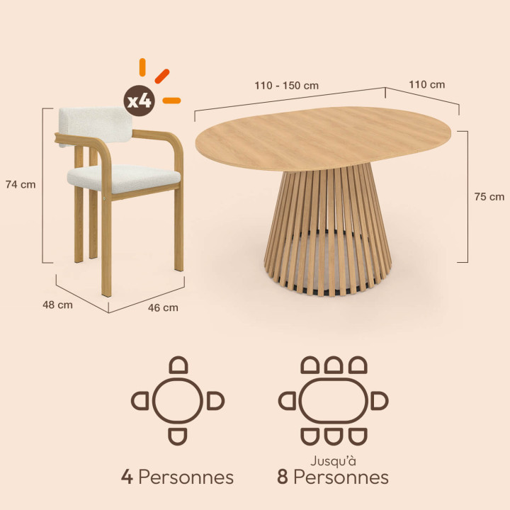 Ensemble table à manger ronde CARMEN 4-8 personnes en bois 110-150 cm et 4 chaises ESMA effet bois et bouclette avec accoudoirs