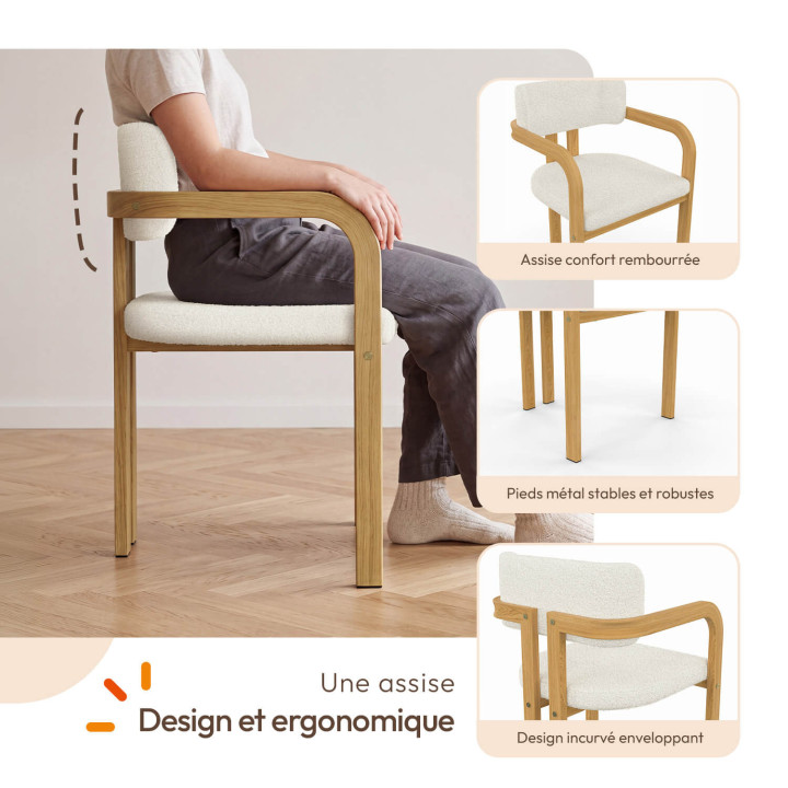 Ensemble table à manger ronde CARMEN 4-8 personnes en bois 110-150 cm et 4 chaises ESMA effet bois et bouclette avec accoudoirs