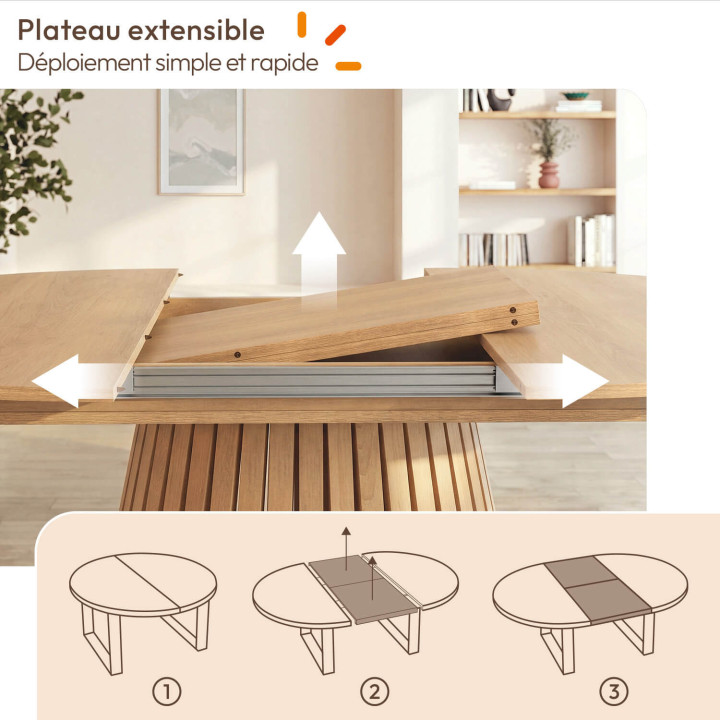 Ensemble table à manger ronde CARMEN 4-8 personnes en bois 110-150 cm et 4 chaises ESMA effet bois et bouclette avec accoudoirs