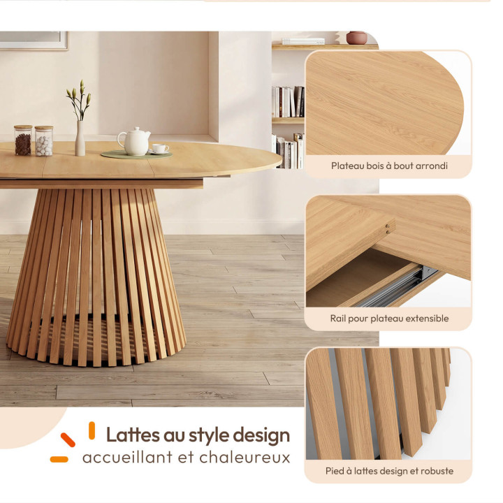 Conjunto de mesa de comedor redonda extensible CARMEN para 4-8 personas, con patas de listones de 110 a 150 cm, y 4 sillas ESMA