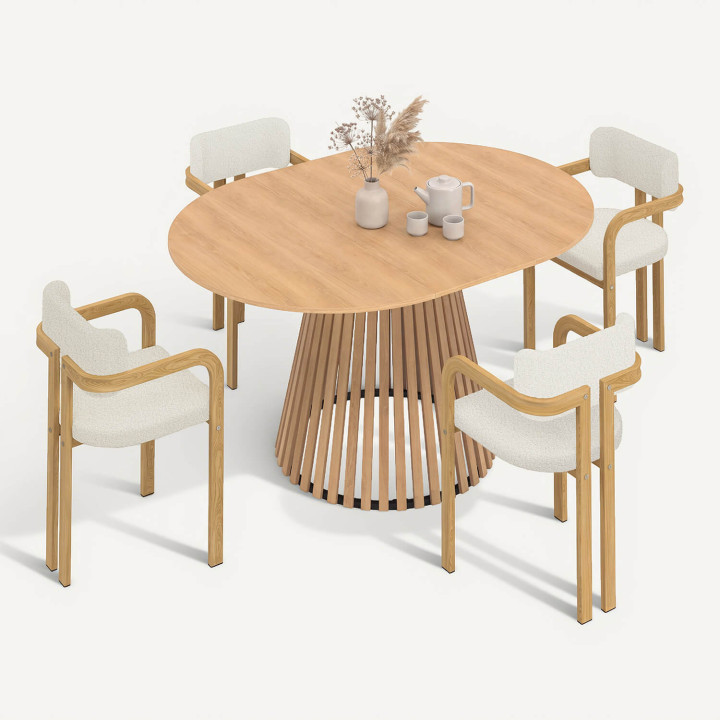 Set met uitklapbare ronde eettafel CARMEN voor 4-8 personen, met lattenpoten (110 - 150 cm) en 4 stoelen ESMA met houtlook en bo