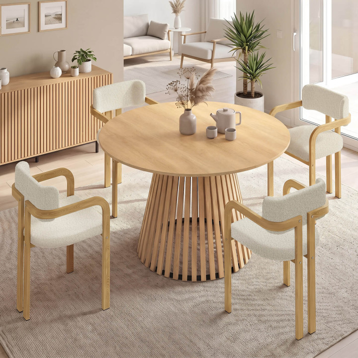 Set composto da tavolo da pranzo rotondo allungabile CARMEN da 4-8 persone con base a doghe da 110 - 150 cm e 4 sedie ESMA con e