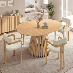 Ensemble table à manger extensible ronde CARMEN 4-8 personnes pied lattes 110 - 150 cm et 4 chaises ESMA effet bois et bouclette