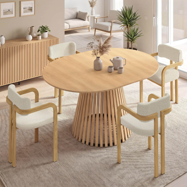 Ensemble table à manger extensible ronde CARMEN 4-8 personnes pied lattes 110 - 150 cm et 4 chaises ESMA effet bois et bouclette