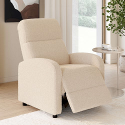 CALEB-relaxfauteuil van beige bouclé-stof met verstelbare rugleuning en voetensteun
