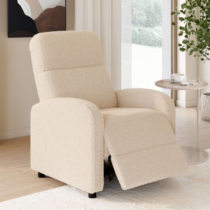 Fauteuil relax CALEB en tissu bouclette beige avec dossier inclinable et repose pieds