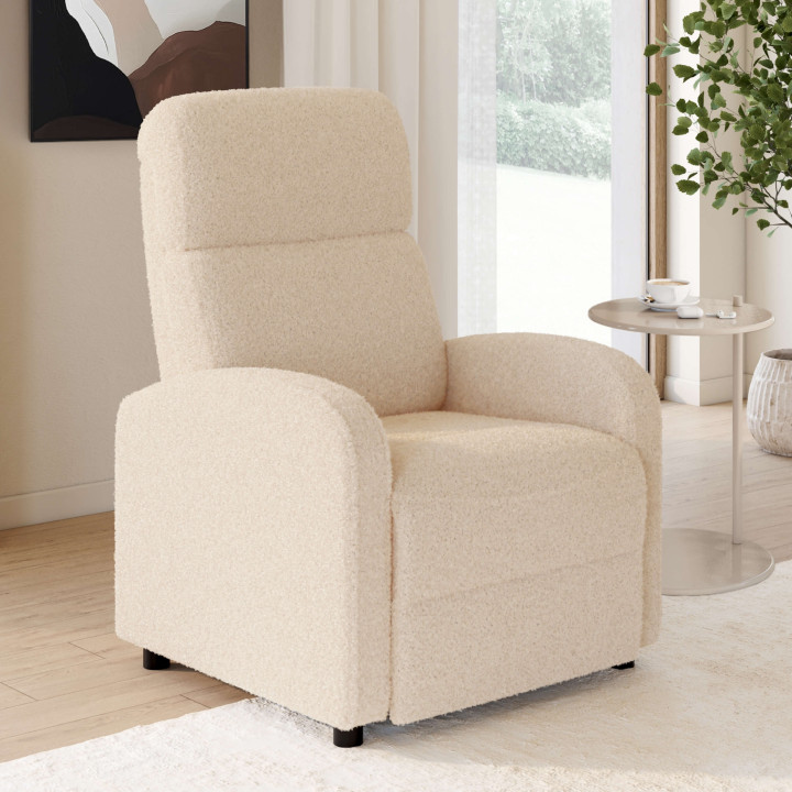 Sillón relax CALEB de tejido bouclé beige con respaldo reclinable y reposapiés