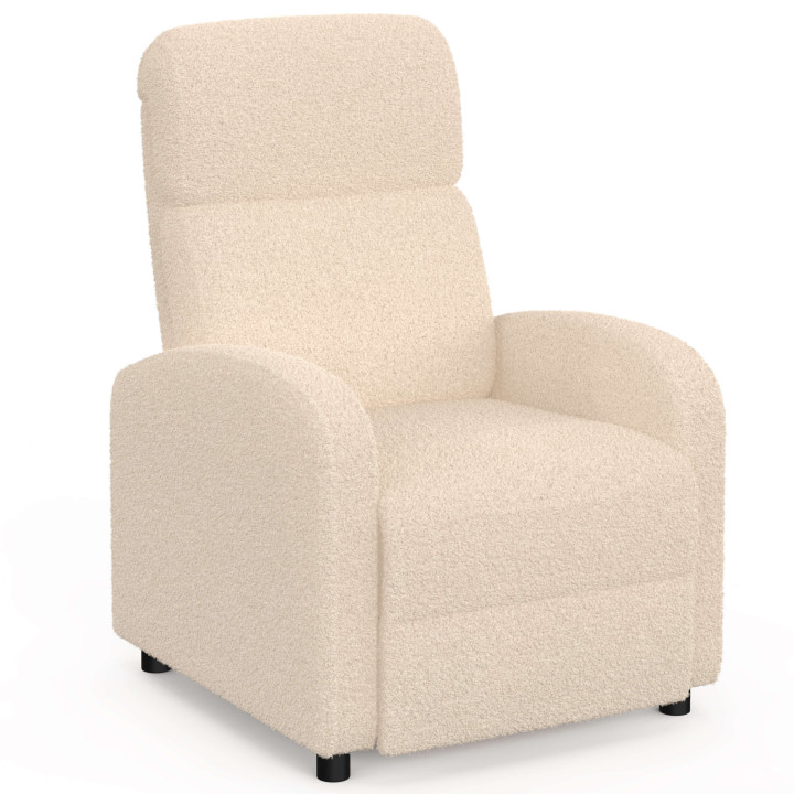 Fauteuil relax CALEB en tissu bouclette beige avec dossier inclinable et repose pieds